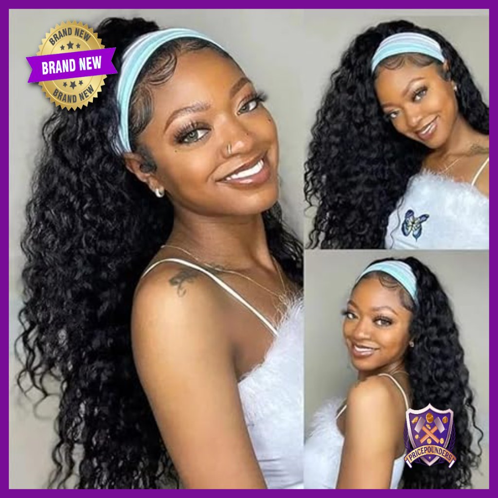26 Inch Deep Wave Human Hair Headband Wig 180% Density Glueless Half Wig